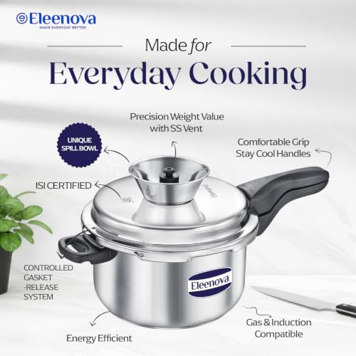 Image of Eleenova Legacy Stainless Steel Pressure Cooker 5 Litre | Anti Spill Design | Gas Stove and Induction Compatible | Outer Lid SS Pressure Cooker | ISI Certified | 5 Year Warranty