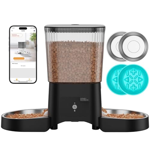 HoneyGuaridan Distributore Automatico Cibo Gatti con WiFi 2.4G/5G, 3,5L Dispenser Crocchette Gatto – Include 2 Ciotole in Acciaio Inossidabile & 2 Ciotole Slow Feeder Anti-Soffocamento