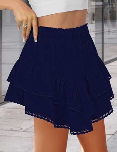 AURUZA Flowy Shorts for Women, Ruffle Tiered High Waist Pleated Boho Casual Swing Beach Mini Skirt Golf Tennis Crochet Shorts Navy Blue2