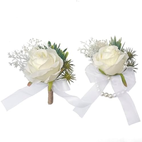 Rose Corsage and Boutonniere Set Ivory Corsage Wrist and Men Boutonniere for White Wedding Party Prom Suit Decorations