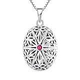 FJ Oval Photo Locket Necklace 925 Sterling Silver Personalised Picture Memory Locket Pendant Necklace Ruby Vintage Jewellery Gifts for Women Ladies Girls
