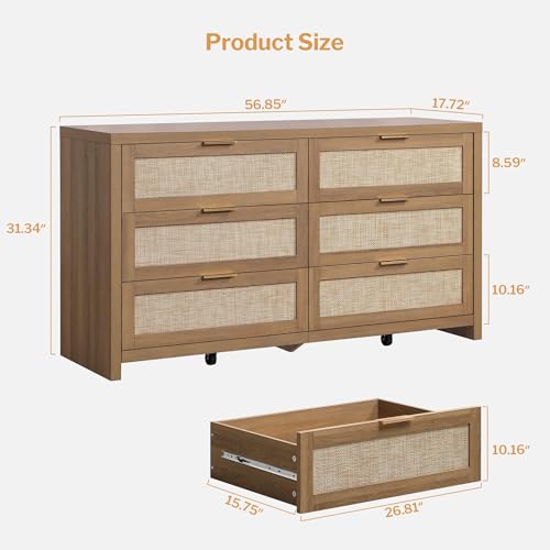 Image of SICOTAS Rattan Dresser for Bedroom, 57 inch Wide 6 Drawer Dresser with Ample Storage, Dressers Large Chest of Drawers, Closet, Boho TV Stand for Bedroom (Reclaimed Caramel Oak, 1 Piece)