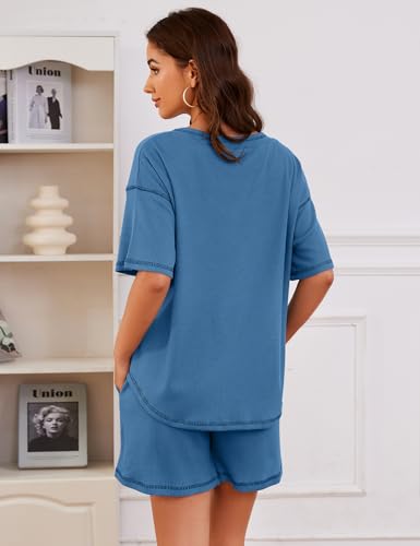 Image of Womens Pajama Sets Waffle Knit 2 Piece Short Lounge Set Cute Sleep Loungewear Pjs Set Short Sleeve Top and Shorts