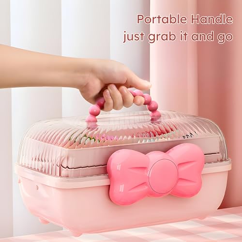 Image of KiZY Girl Kid Hair Accessories Storage Box | Hair Ties-Clips, Bow-Ribbon-Headband, Jewelry Organizer | Portable Case | Available in Multiple Design-Color. (Pack of - 2, Kid Pink)