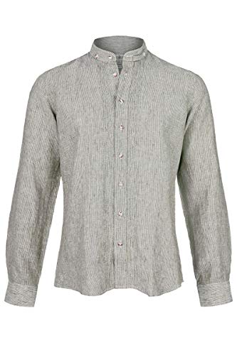 Almsach Herren Trachten Leinenhemd Stehbund Slim Oliv, Oliv, M