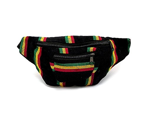 Rasta Multicolored Woven Striped Pattern Lightweight Fanny Pack Waist Bag - Handmade Belt Pouch Boho Travel Accessories (Black Stripes)