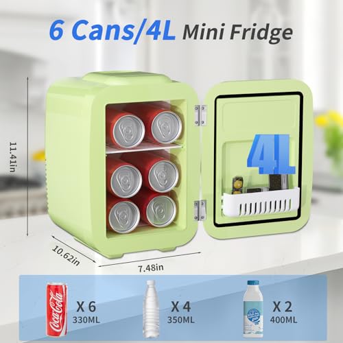 YASHE Mini Fridge for Bedroom, 4 Liter/6 Cans Small Refrigerator, 110V AC/ 12V DC Thermoelectric Cooler and Warmer for Drink Office Dorm Car, Green