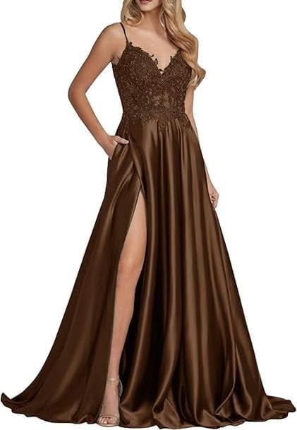 Women's Satin Prom Dress Lace Applique Bridesmaid Long Gowns Spaghetti Straps with Slit Formal Evening Party Dress