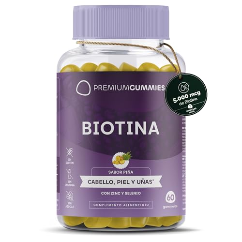 Biotina 5000mcg - Gominolas de Biotina para Cabello, Piel y Uñas - Con Zinc y Selenio - Sabor Piña - Sin Azúcar - Vegano - Sin Gluten - Sin GMO - Anticaída - 60 Gominolas - 30 Días by Premium Gummies