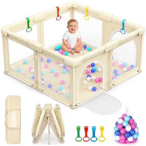 Image of OCATO Baby Foldable Playpen: Playpen for Babies and Toddlers Baby Play Pen Gate Portable Playpen Fence Indoor Outdoor Kids Safety Area Travel Play Yard Babies Essentials Pack n Plays (50" × 50")