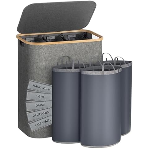 joycloth 3-Section Laundry Hamper with Lid, 160 L Extra Large Laundry Baskets with Bamboo Handles and Removable Laundry Bags, Grey Cover