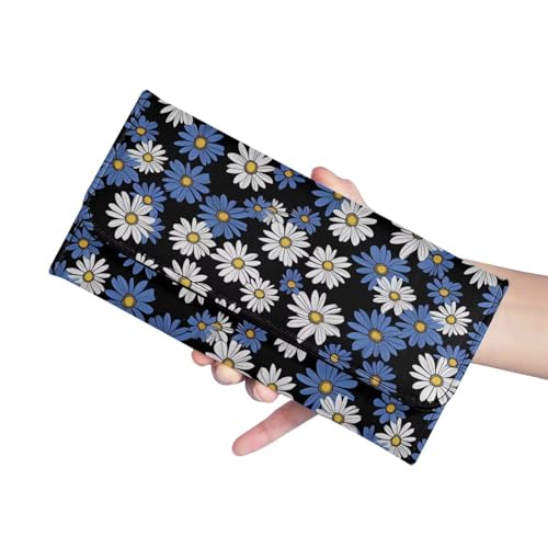 Image of AFPANQZ Dolphin Cherry Blossom Women Wallet Soft Leather Designe, Blue White Daisy Shopping Outdoor Vintage Phone Holder Pockets