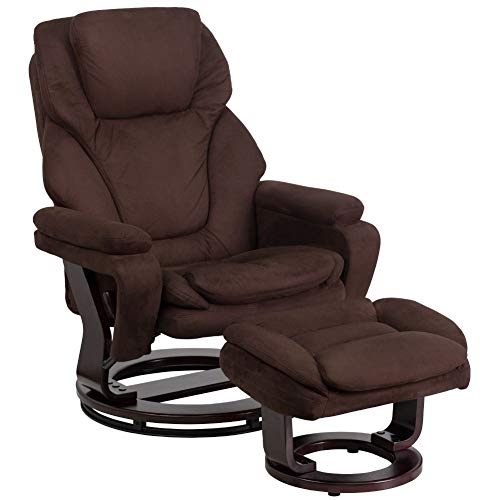 Flash Furniture Contemporary Multi-Position Recliner and Ottoman with Swivel Mahogany Wood Base in