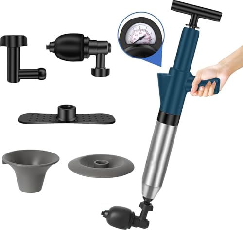 Hochdruck Rohrreiniger Druckluft, Abflussreiniger Pumpe mit Luftdruckanzeige, Toiletten Pömpel mit 4 Saugnäpfen, Pressluft Rohrreiniger für Waschbecken, Toiletten, Badezimmer, Dusche, Küche