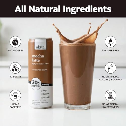 Image of Slate Milk - High Protein Iced Coffee - Energy Variety Pack - Caramel Latte, Mocha Latte, Vanilla Latte - 175mg Caffeine, Lactose Free - 20g Protein, 1g Sugar - Protein Coffee - 11 fl oz, 48 Cans