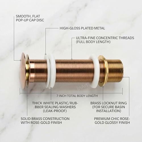 Image of InArt Brass Popup Waste Coupling for Wash Basin - Full Thread, Glossy Finish, Corrosion Resistant, Rose Gold, 7 Inch, 1 Pc(Rose Gold)