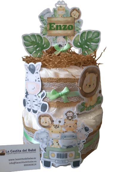 Tarta de Pañales Safari para Bebé, Decoración con Animales de la Selva, Diseño 3 Pisos con Lazo Verde, Regalo para Baby Shower
