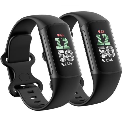 2 Pack Compatible with Fitbit Charge 5 Bands/Fitbit Charge 6 Bands for Women Men Soft Breathable Sports Adjustable Replacement Wristbands for Women Men (Large 7.1-9.1 Black/Black)