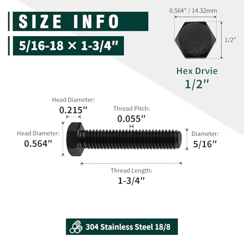 Image of 5 /16-18 x 1-3 /4 inch Hex Head Bolts Black, 304 Stainless Steel 18-8 Hexagon Head Screws Bolts, Black Oxide Finish, Allen Hex Drive, 10 PCS
