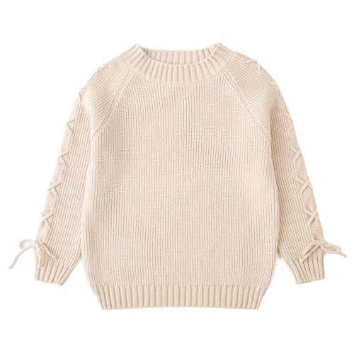 Image of Curipeer Girls Pullover Sweaters, Lace-up Long Sleeve Crewneck | Soft Warm Classic Cable Knit, Winter Fall Spring Daily Wear, Little Kids Tween Girl