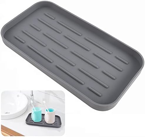 FUYOAL Silicone Sponge Holder, 25.2x13.6CM Kitchen Sink Tray Sink Organizer Bathroom Soap Holder for Sponges Scrubber,Cup,Soap (Grey)