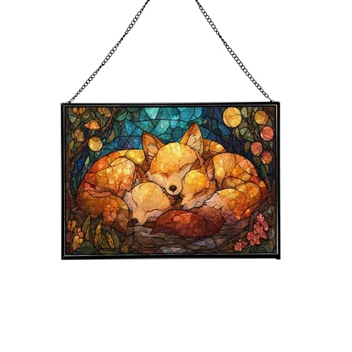Fox Family Nestled in Forest Den Rectangular Stained Glass Suncatcher – Hanging Window Panel with Animal & Nature Scene – Vibrant Glass Art Gift for Wildlife, Fantasy, Nature Lovers ighvfS