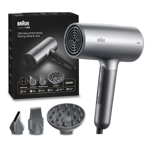 Braun Hair dryer HD4.3 Ultimate Performance Styling Shine & Care HTDC Motor 2200 Watts Touch Control with Drying Nozzle Straightening Comb Curl Diffuser BRHD435SDE - Electro Grey