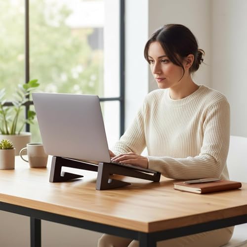 Image of Foldable, Adjustable, Wooden, Laptop Stand Ergonomic, Portable Tabletop Laptop /Desktop Riser Stand that Works with MacBooks, HP, Dell, Lenovo, and All Other notebooks Walnut