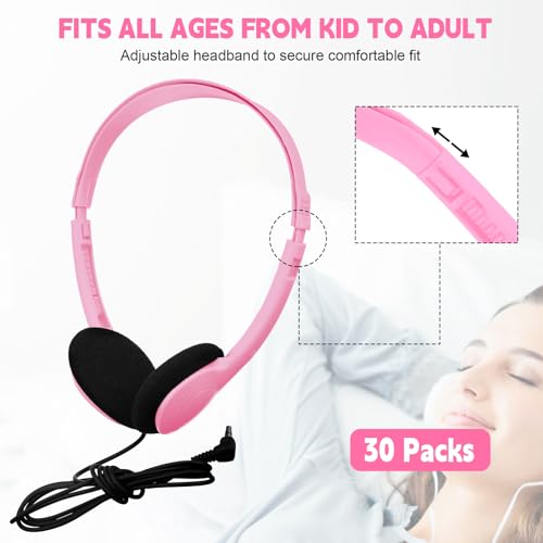 Image of Konohan 30 Pack Headphones Bulk Headphone for School Classroom Student Wired Headphones Adjustable with 3.5 mm Jack for Adults (Pink)
