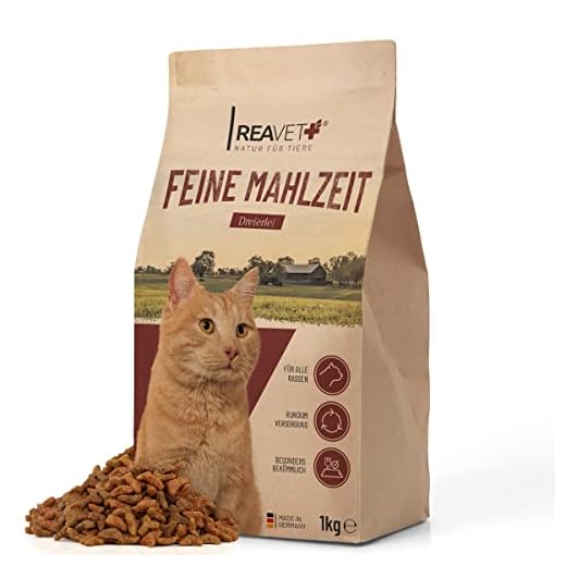 TESTURTEIL SEHR GUT 09/23 ReaVET Trockenfutter Katze - Feine Mahlzeit 1kg Geflügel, Rind & Lachsöl, Katzentrockenfutter für Erwachsene Katzen, Hoher Fleischanteil, Komplett Katzenfutter Trocken