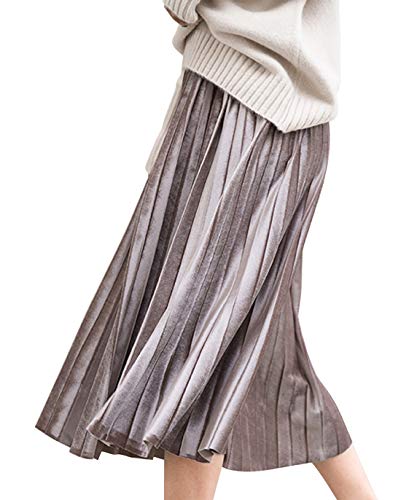 CHARTOU Women's Winter Vintage Elastic Waist Velvet Metallic Accordion Pleated Midi Skirt (One Size, Beige)