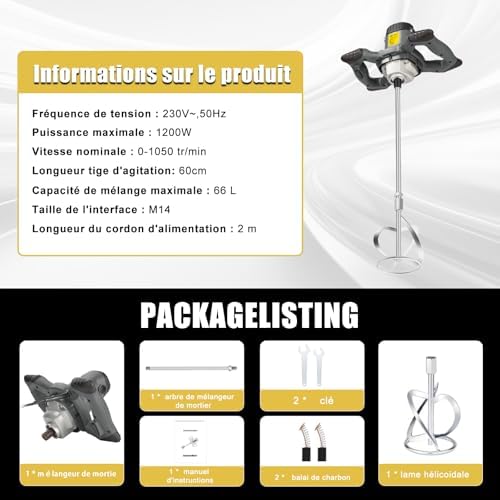 Bild 1 - Rührwerk Mörtelrührer, 1200W Betonmischer, 6-Gang-Getriebe mit variabler,inkl. Mörtel 60CM mit M14 Gewinde für Mischgut Beton, Mörtel, Putz, Farbe, Kleber und Zement