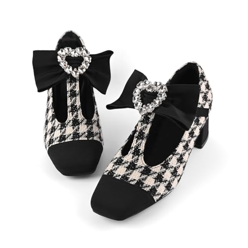 Women's Mary Jane Shoes - Square Toe Ankle T-Strap Chunky Heel Pumps with Glitter Bow Two-Tone Design2