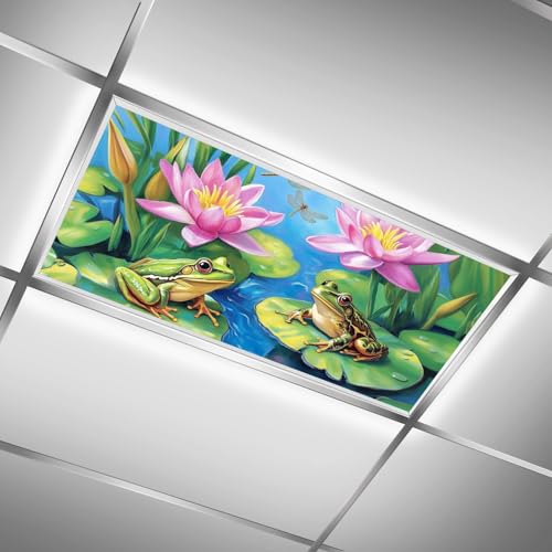 Image of 2ft x 4ft Fluorescent Light Cover Decorative Pond Frogs Lotus Ceiling Light Filters - Easy Setup for Classroom Office Hospitals Home Ceiling, Reduce Glare & Flicker