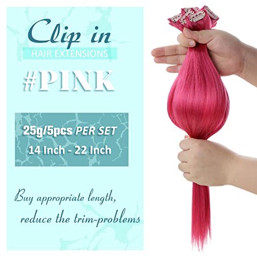 RUNATURE Pink Hair Extensions Clip in Hair Extensions Real Human Hair Hotpink Clip in Hair Extension 16Inch 25g 5pcs - Image 3