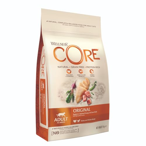 Wellness CORE Original 4 kg, Poulet/Dinde – Croquettes pour Chats Adultes, 100% Naturelles, Hypoallergéniques, Riches en Viande