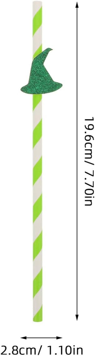 Luxshiny 100pcs Halloween Themed Witch Hat Paper Straws Green Striped Disposable Party Drinking Straws for Beverage Birthday Wedding Holiday Decorations