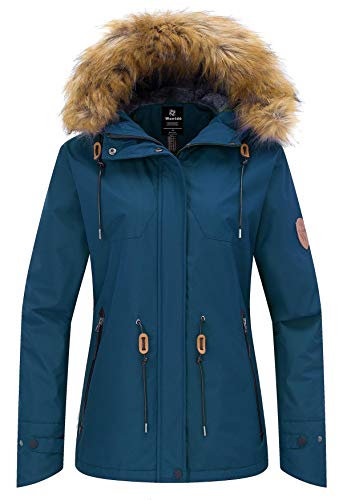 Wantdo Women's Hooded Waterproof Ski Jacket Thermal Fleece Coat Winter Outdoor Windproof Sports Jacket Warm Hiking Windbreaker Jacket Blue Black M