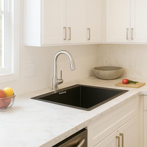 Image of BASINQU Quartz Kitchen Sink 24 x 18 x 9 Inch Granite Kitchen Sink Single Bowl Black Quartz Sink for Kitchen Basin Sound Dampening Scratch Resistant UV-Protected Noise Reducing sinks