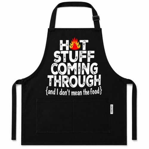 GENSTORES Funny Grilling Aprons for Men with Pockets BBQ Novelty Cooking Aprons for Son, Grandad Baking Aprons Christmas Fathers Day Gift For Men Birthday Gifts-Hot Stuff Coming