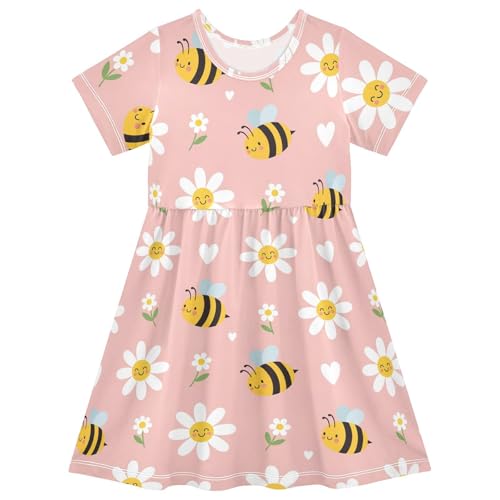 Emelivor Bee Flower Pink Girls Summer Dress Toddler Casual Dresses Girl Short Sleeve Dress for Girl,2T