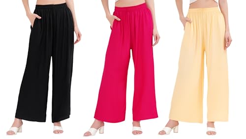 Image of Buy That Trendz Palazzo Pants for Women Rayon Elasticated Regular Fit Flared Wide Leg M to 6XL Pack of 3