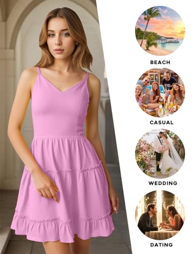 Image of FANCYINN Women Floral Casual Tiered Mini Dresses Spaghetti Strap V Neck Backless A Line Swing Short Dress with Pockets