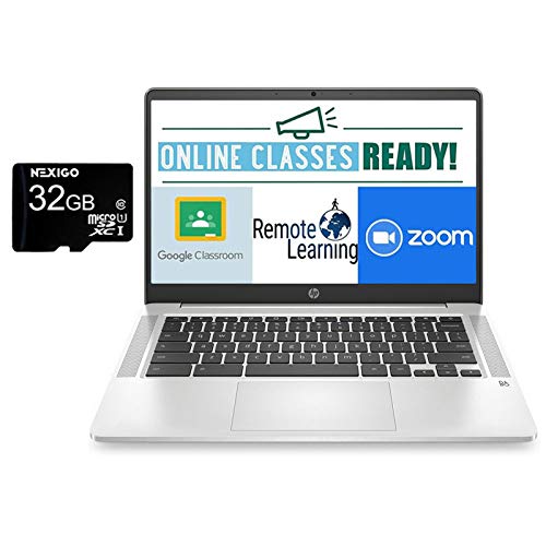 2020 Newest HP Chromebook 14 Inch FHD 1080P Laptop with Webcam, Intel Celeron N4000 up to 2.6 GHz, 4GB RAM, 64GB eMMC, Webcam, WiFi 5, Chrome OS + NexiGo 32GB MicroSD Card Bundle