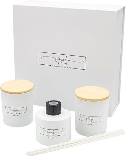 ASALY - Juego de velas de lujo para regalo, 2 velas perfumadas y 1 difusor de caña. Juego de regalo para cumpleaños, aniversario, regalo para ella.