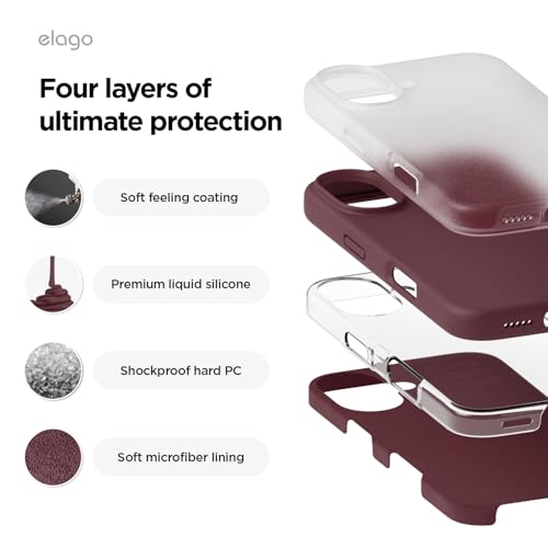 Image of elago Compatible with iPhone 16 Case, Premium Liquid Silicone Case, Full Body Protective Cover, Shockproof, Slim Phone Case, Anti-Scratch Soft Microfiber Lining, 6.1 inch (Burgundy)