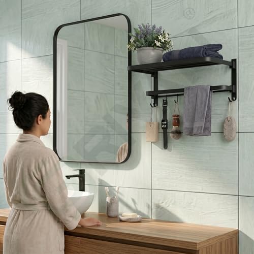 Image of GRIVAN Modern Stainless Steel Bathroom Towel Hanger for Wall | Folding 24-inch Towel Rack Cloth Stand with Hooks | Bathroom Fitting Accessories (Black Matte Finish)