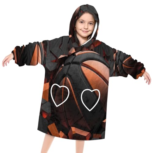 Pardick Wearable Blanket Hoodie for Kids, 3D Basketballs Fleece Sweatshirt Blanket Oversized Blanket Sweatshirt with Pocket Flannel Warm Hooded Blanket 6-10 Year Old Girl Boy Gift, One Size
