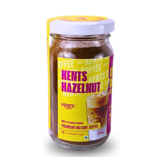 Image of Kents Coffee Hazelnut Instant Coffee (50g) | 100% Arabica Coffee from Chikmagalur | Low Acid Coffee for No Acid Reflux | Real Hazelnut Flavour with No Added Sugar & No Artificial Flavours | Hot & Cold Coffee