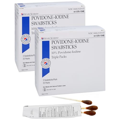 Image of Henry Schein 10% Povidone Iodine Swabstick 3's, Sterile Antiseptic, 50 Ct